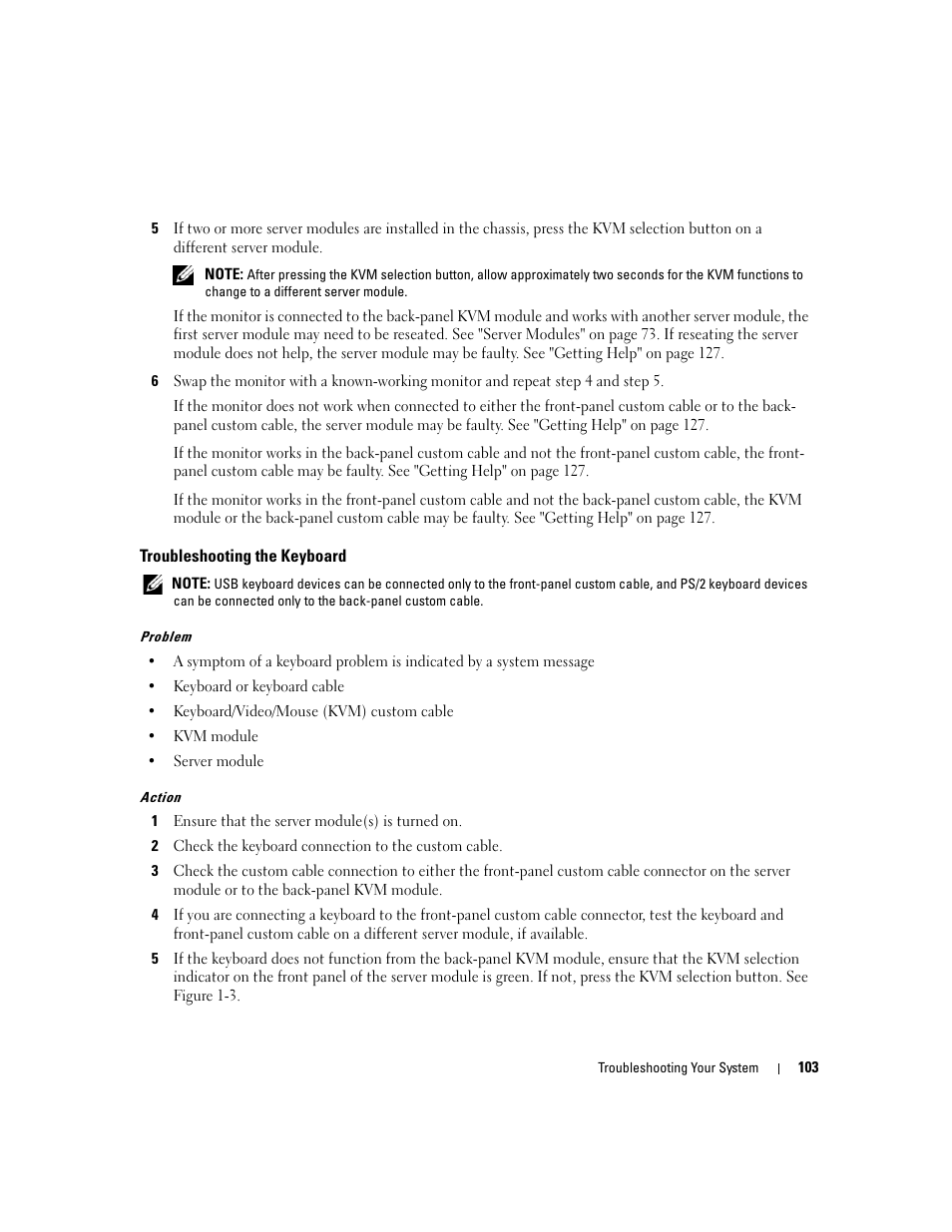 Troubleshooting the keyboard | Dell POWEREDGE 1955 User Manual | Page 103 / 160