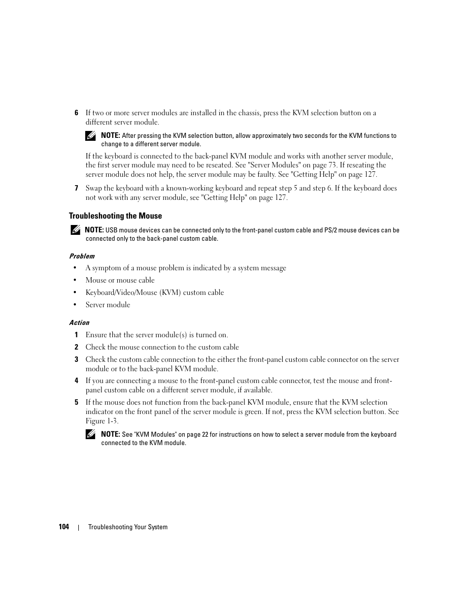 Troubleshooting the mouse | Dell POWEREDGE 1955 User Manual | Page 104 / 160