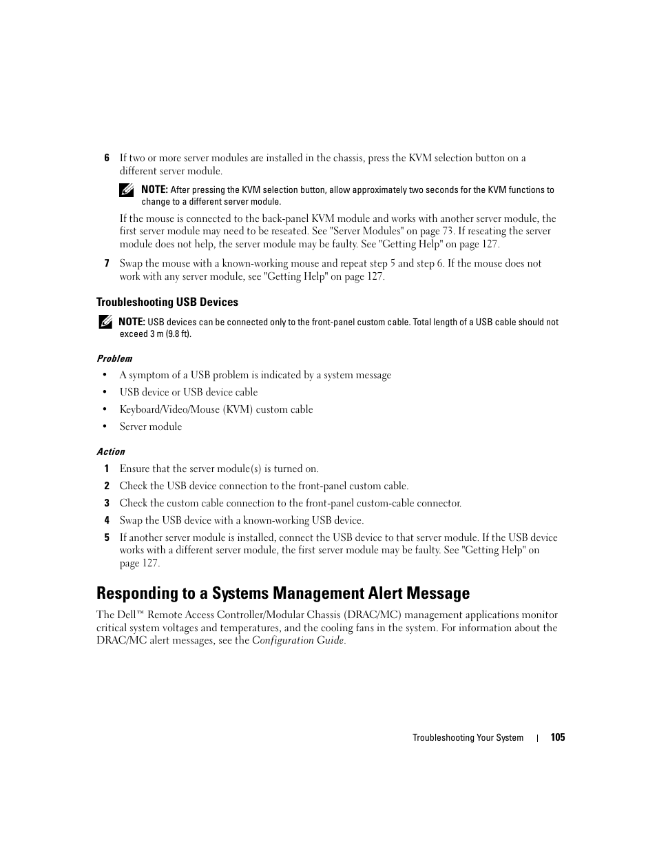 Troubleshooting usb devices, Responding to a systems management alert message | Dell POWEREDGE 1955 User Manual | Page 105 / 160