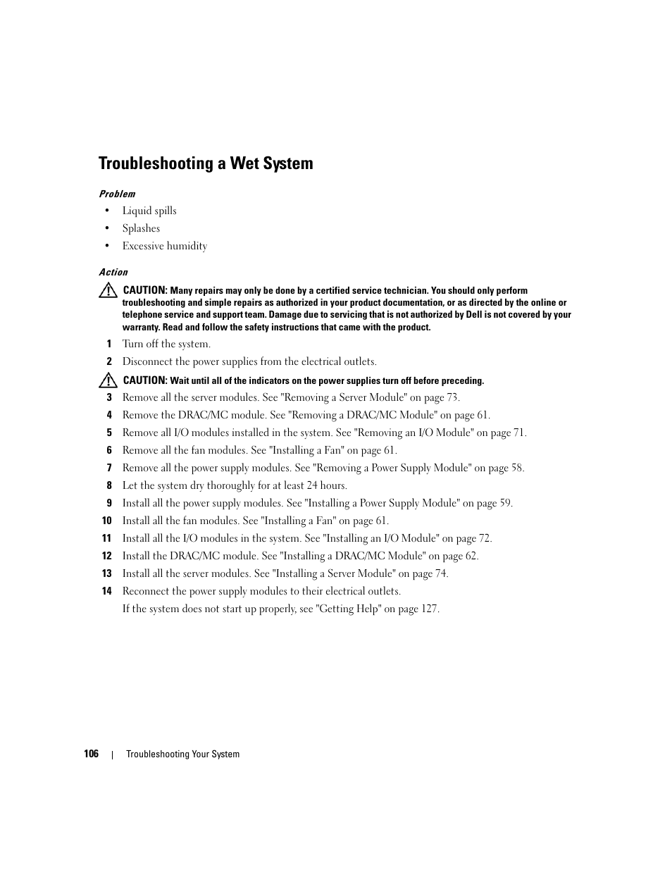 Troubleshooting a wet system | Dell POWEREDGE 1955 User Manual | Page 106 / 160