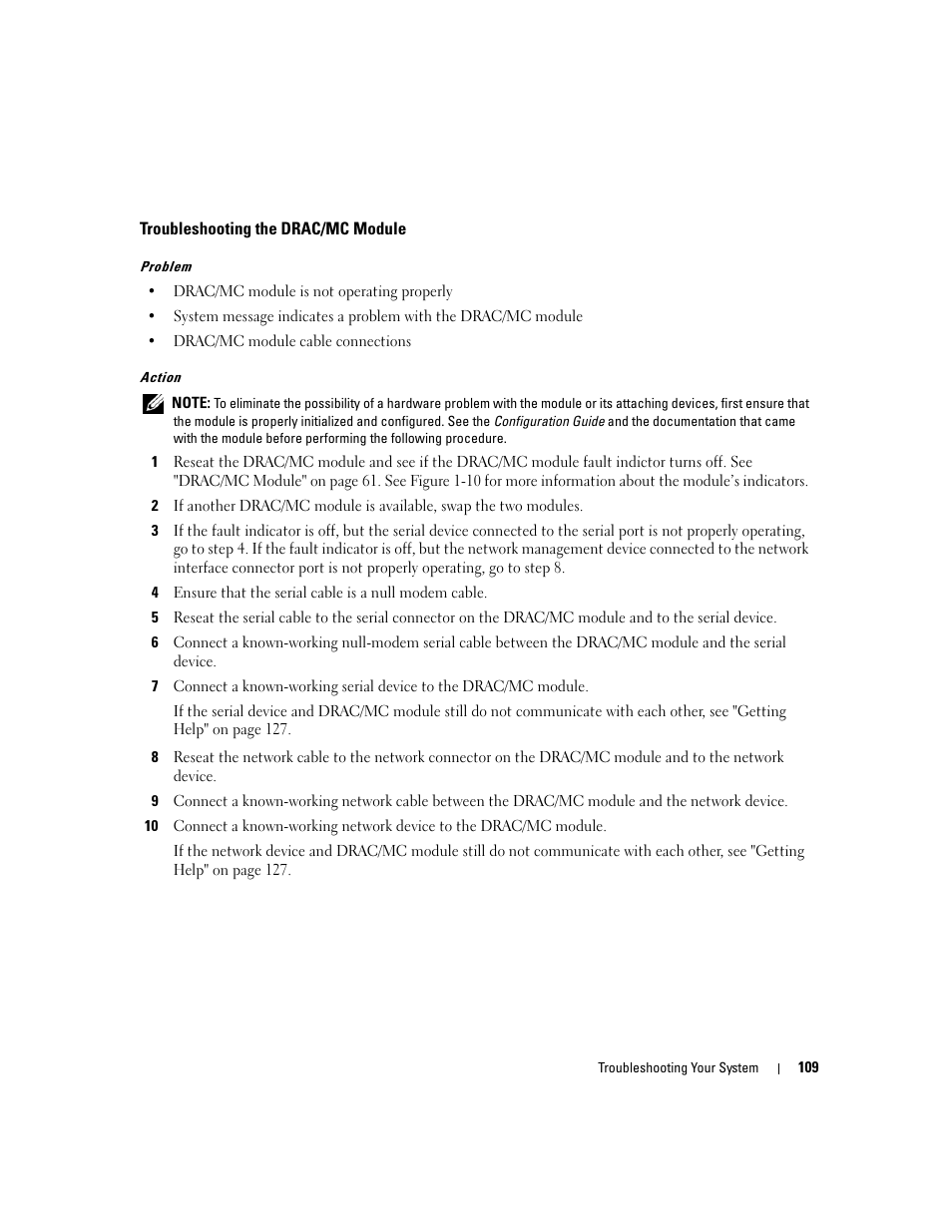 Troubleshooting the drac/mc module | Dell POWEREDGE 1955 User Manual | Page 109 / 160