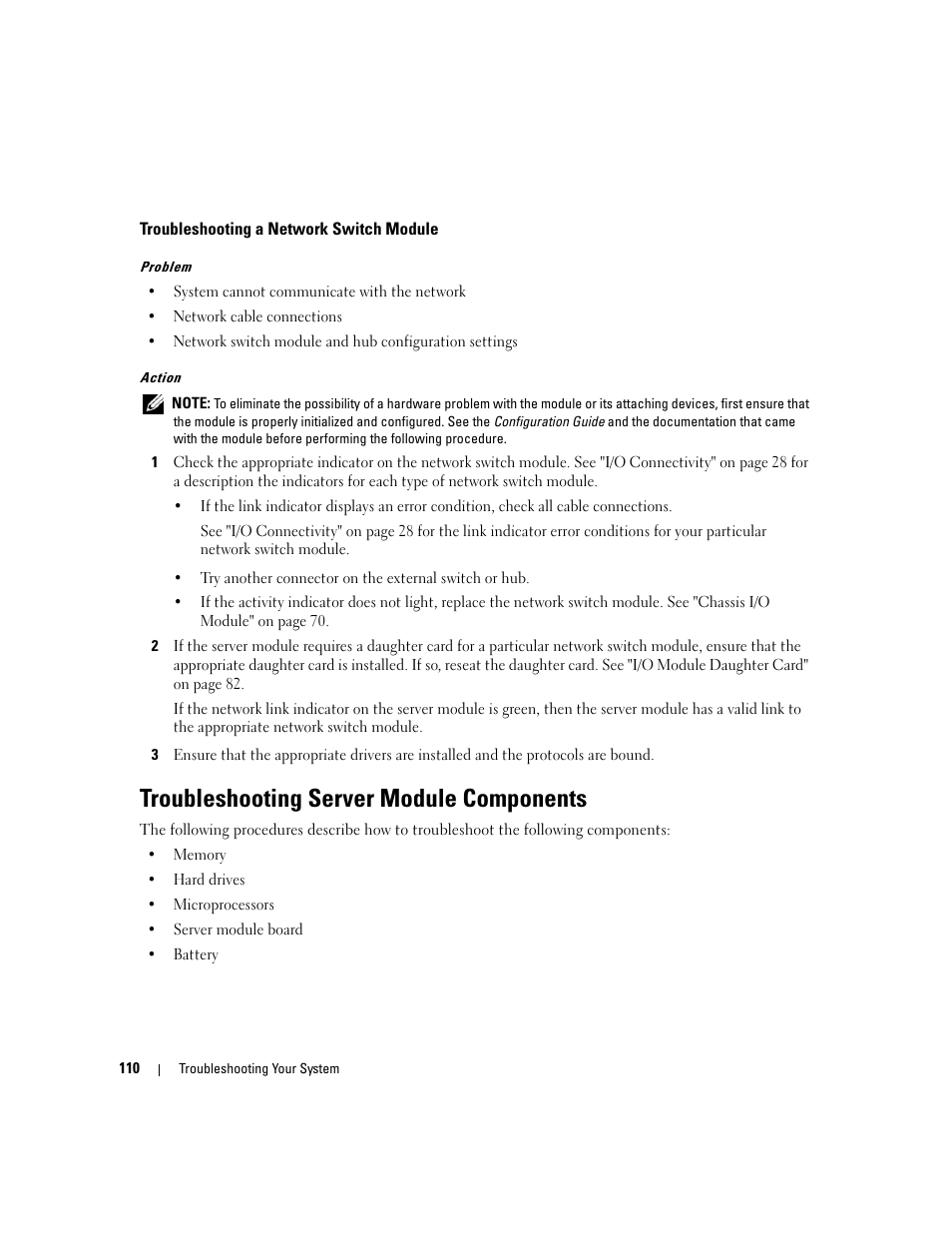 Troubleshooting a network switch module, Troubleshooting server module components | Dell POWEREDGE 1955 User Manual | Page 110 / 160