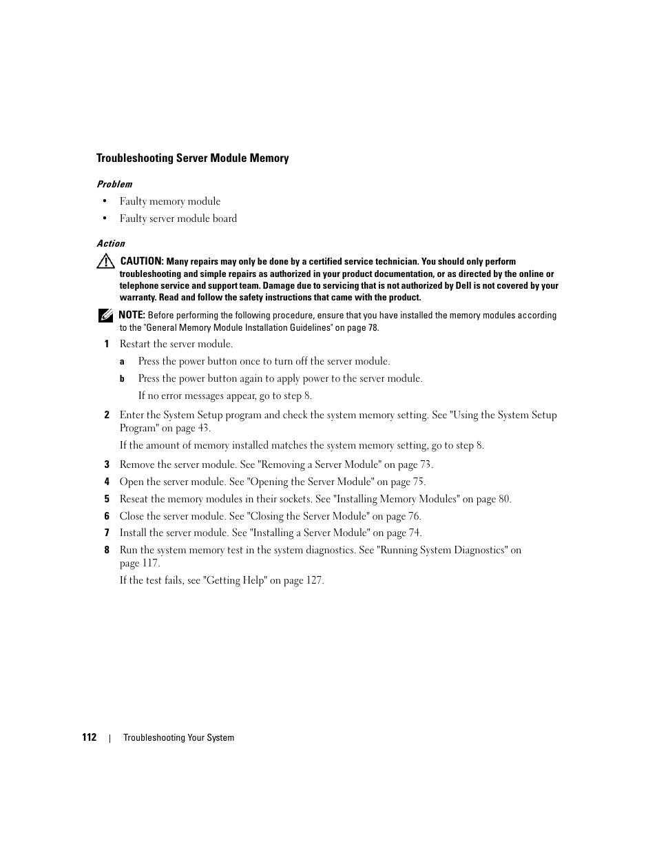 Troubleshooting server module memory | Dell POWEREDGE 1955 User Manual | Page 112 / 160