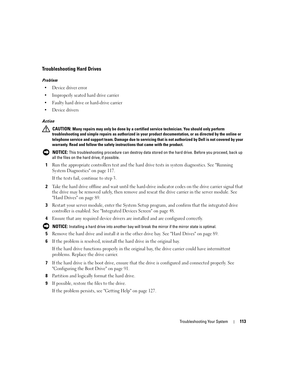 Troubleshooting hard drives | Dell POWEREDGE 1955 User Manual | Page 113 / 160