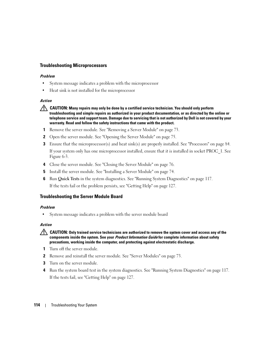 Troubleshooting microprocessors, Troubleshooting the server module board | Dell POWEREDGE 1955 User Manual | Page 114 / 160