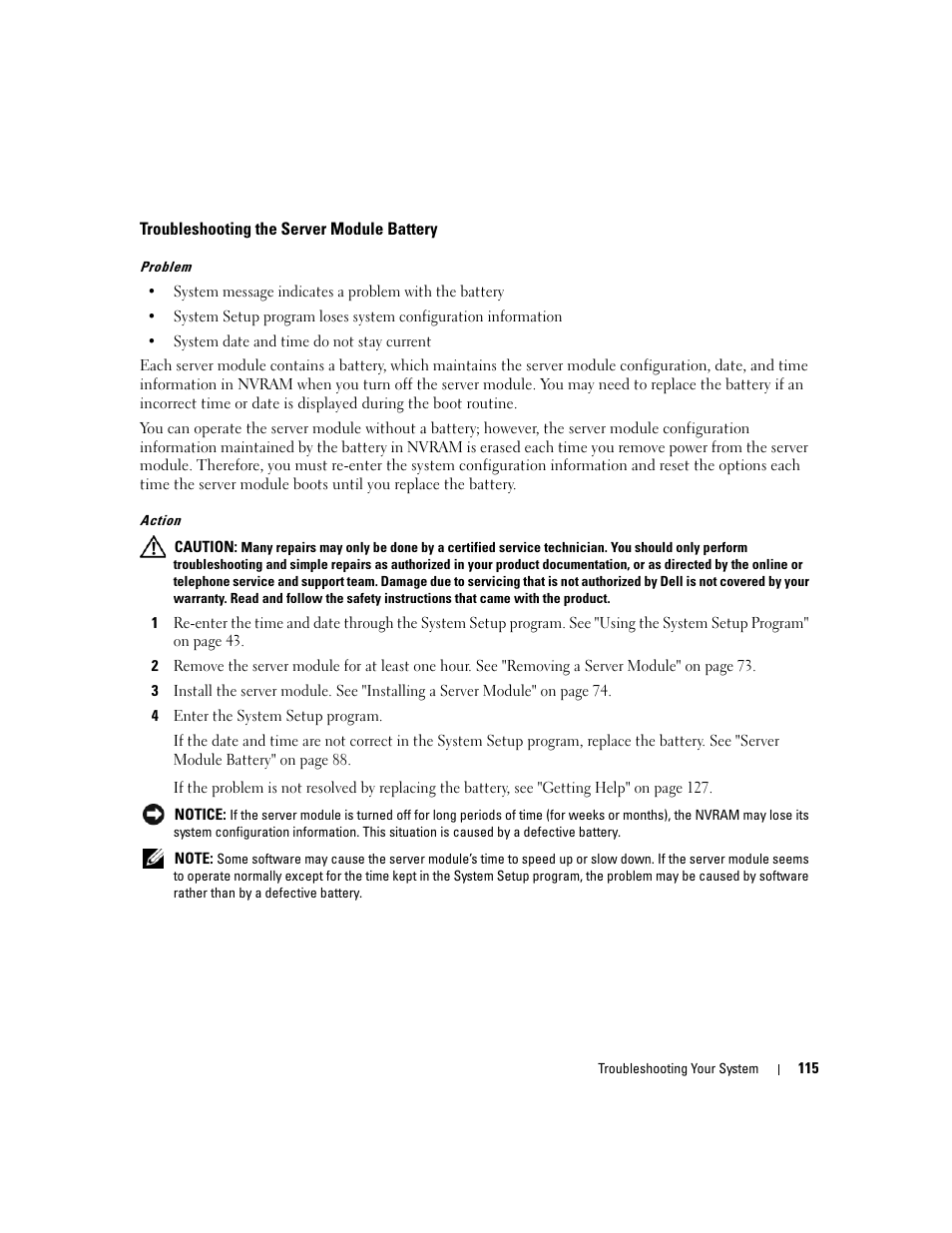 Troubleshooting the server module battery | Dell POWEREDGE 1955 User Manual | Page 115 / 160