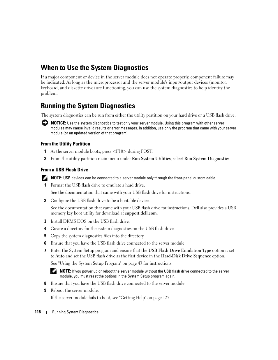 When to use the system diagnostics, Running the system diagnostics, From the utility partition | From a usb flash drive | Dell POWEREDGE 1955 User Manual | Page 118 / 160