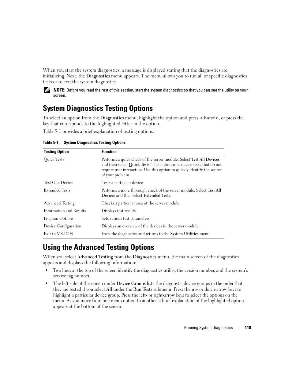 System diagnostics testing options, Using the advanced testing options | Dell POWEREDGE 1955 User Manual | Page 119 / 160