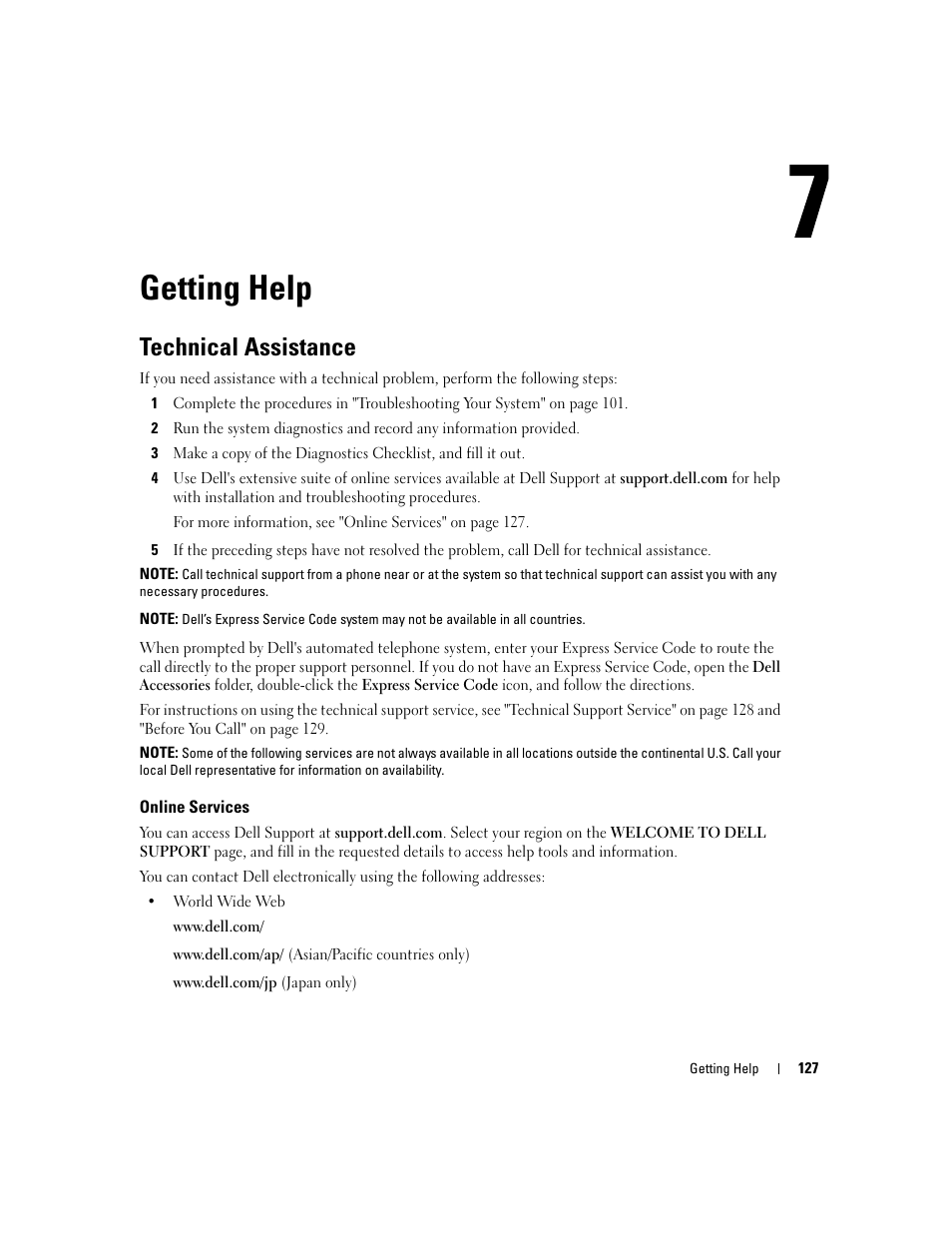 Getting help, Technical assistance, Online services | Klist in "getting help, Ect, see "getting help" for | Dell POWEREDGE 1955 User Manual | Page 127 / 160