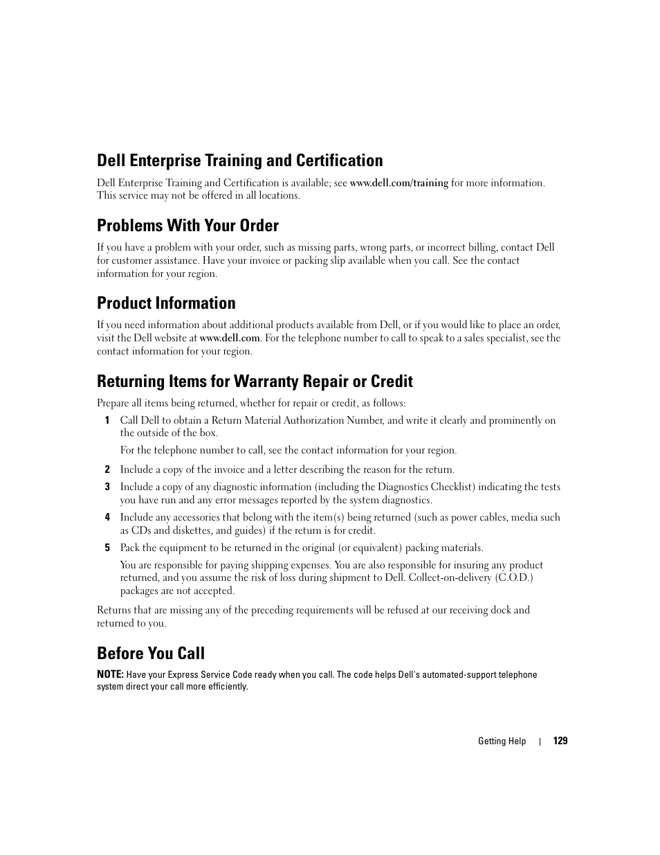 Dell enterprise training and certification, Problems with your order, Product information | Returning items for warranty repair or credit, Before you call | Dell POWEREDGE 1955 User Manual | Page 129 / 160