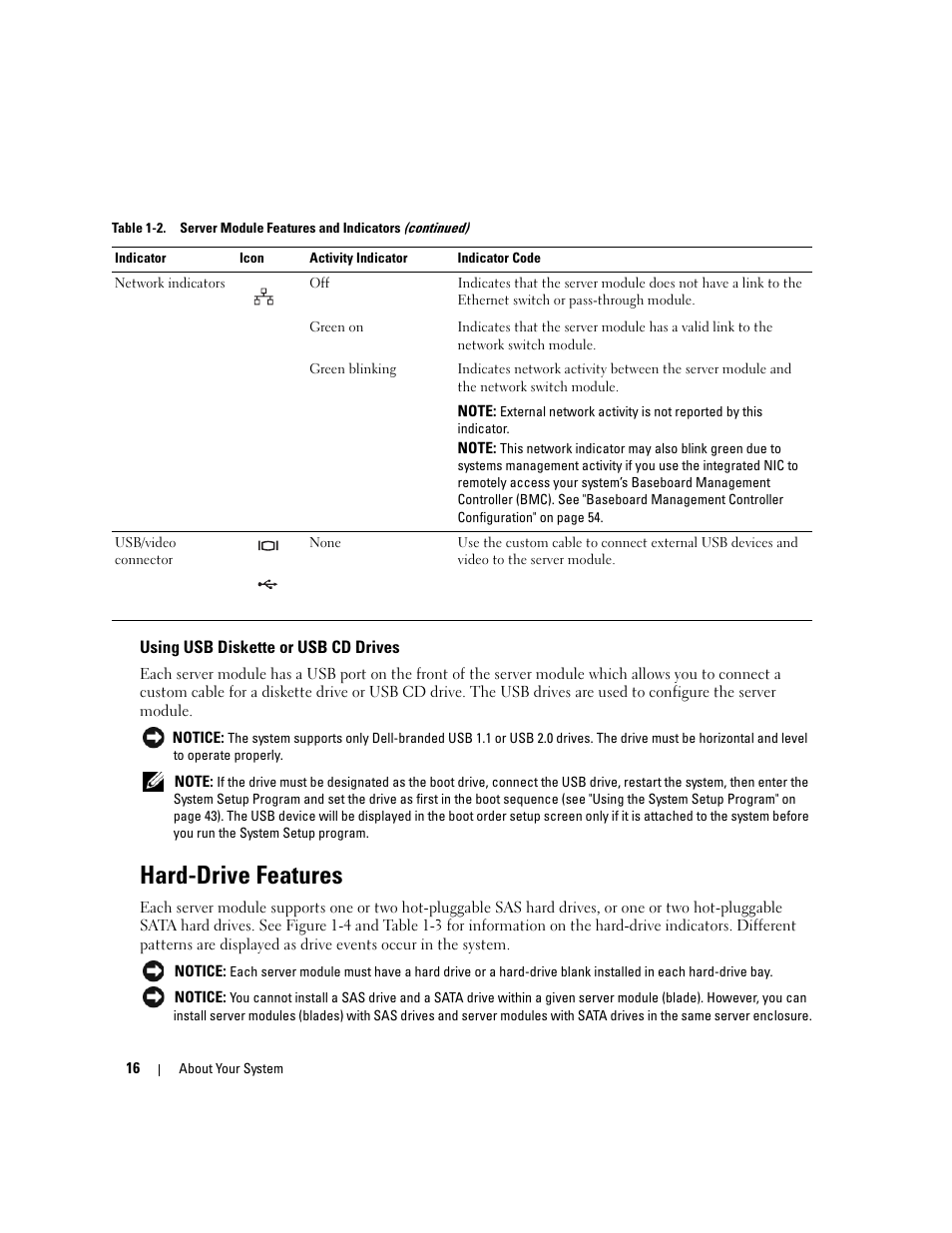 Using usb diskette or usb cd drives, Hard-drive features | Dell POWEREDGE 1955 User Manual | Page 16 / 160