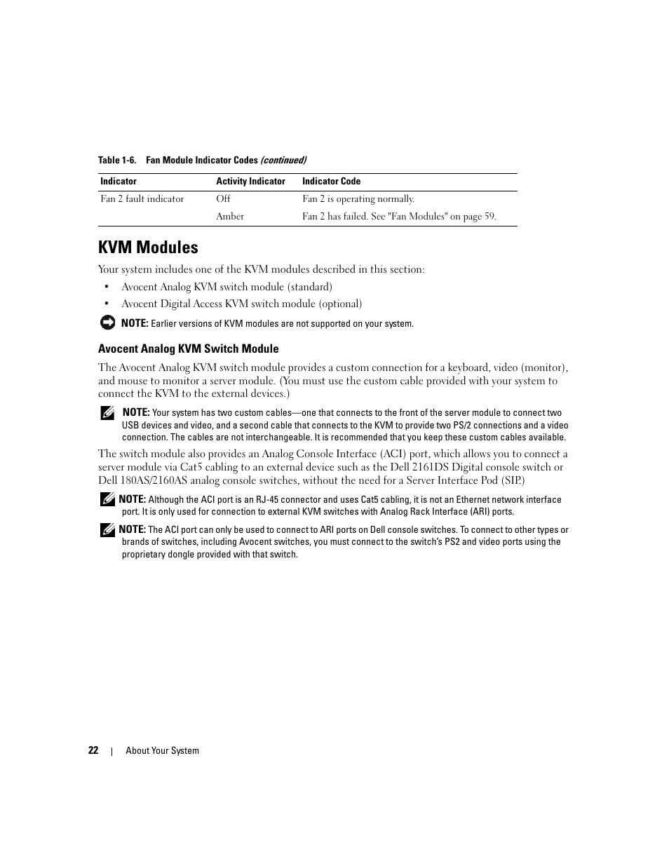 Kvm modules, Avocent analog kvm switch module | Dell POWEREDGE 1955 User Manual | Page 22 / 160