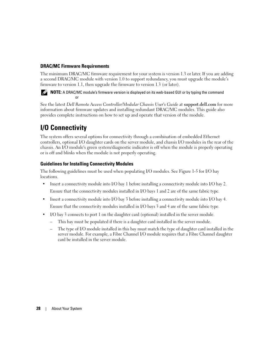 Drac/mc firmware requirements, I/o connectivity, Guidelines for installing connectivity modules | Dell POWEREDGE 1955 User Manual | Page 28 / 160