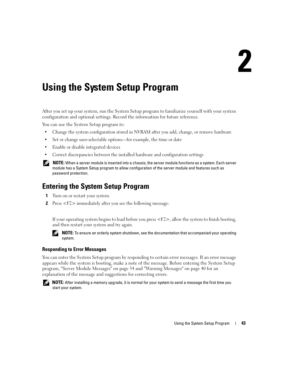 Using the system setup program, Entering the system setup program, Responding to error messages | Dell POWEREDGE 1955 User Manual | Page 43 / 160