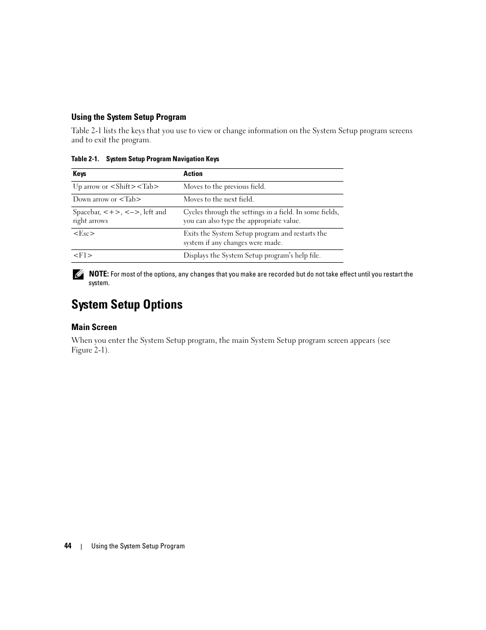 Using the system setup program, System setup options, Main screen | Dell POWEREDGE 1955 User Manual | Page 44 / 160