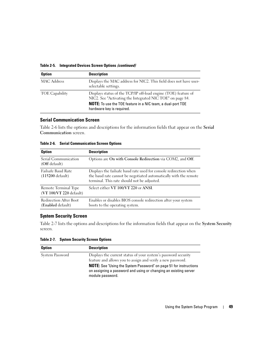 Serial communication screen, System security screen | Dell POWEREDGE 1955 User Manual | Page 49 / 160