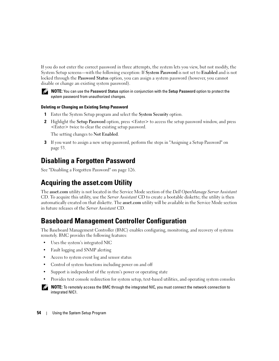 Disabling a forgotten password, Acquiring the asset.com utility, Baseboard management controller configuration | Dell POWEREDGE 1955 User Manual | Page 54 / 160