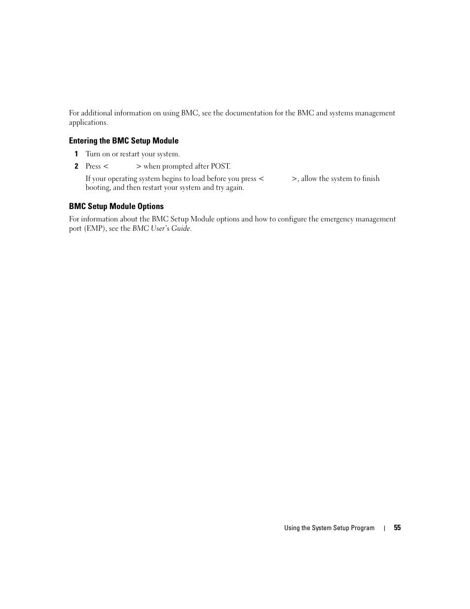 Entering the bmc setup module, Bmc setup module options | Dell POWEREDGE 1955 User Manual | Page 55 / 160