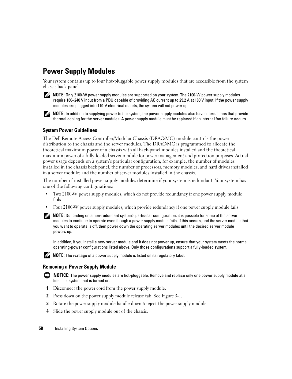 Power supply modules, System power guidelines, Removing a power supply module | Dell POWEREDGE 1955 User Manual | Page 58 / 160