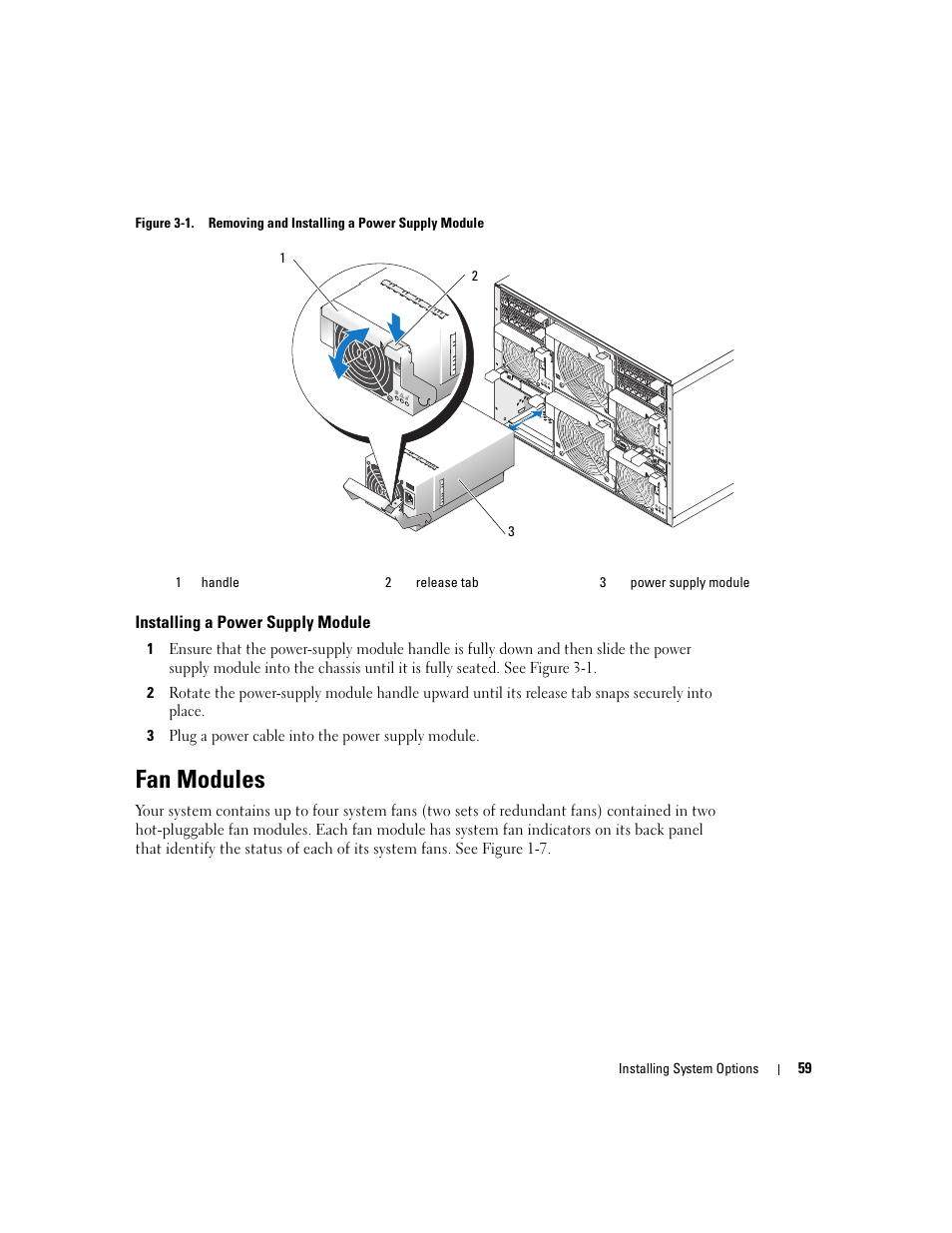 Installing a power supply module, Fan modules | Dell POWEREDGE 1955 User Manual | Page 59 / 160