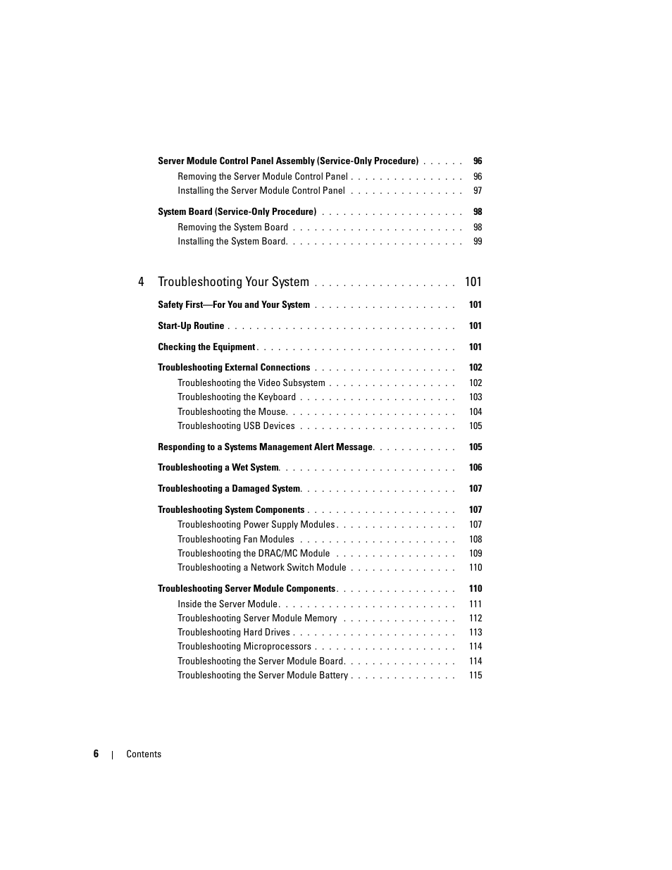 4troubleshooting your system | Dell POWEREDGE 1955 User Manual | Page 6 / 160