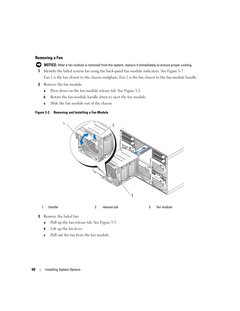 Removing a fan | Dell POWEREDGE 1955 User Manual | Page 60 / 160