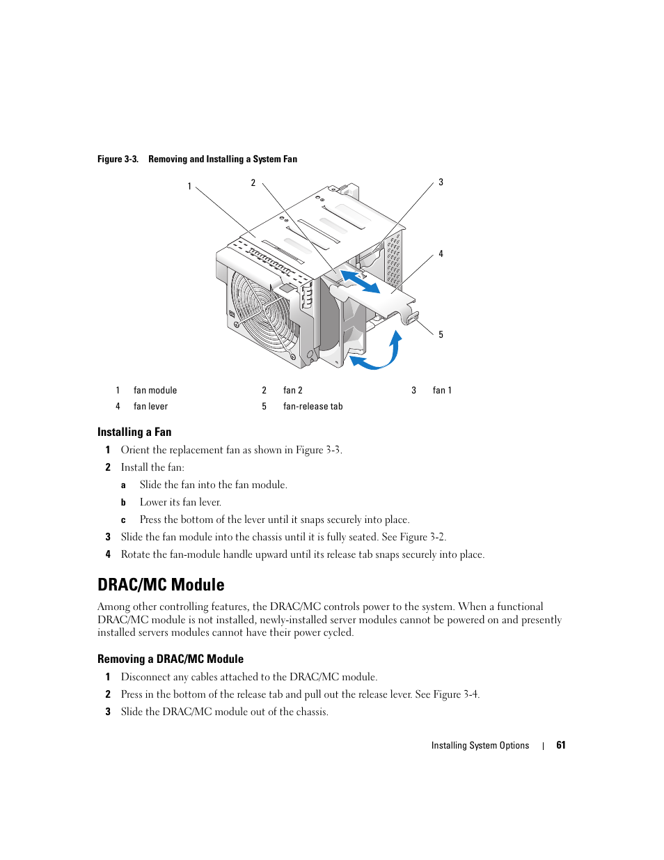 Installing a fan, Drac/mc module, Removing a drac/mc module | Dell POWEREDGE 1955 User Manual | Page 61 / 160