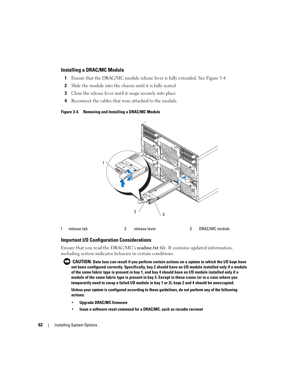 Installing a drac/mc module, Important i/o configuration considerations | Dell POWEREDGE 1955 User Manual | Page 62 / 160