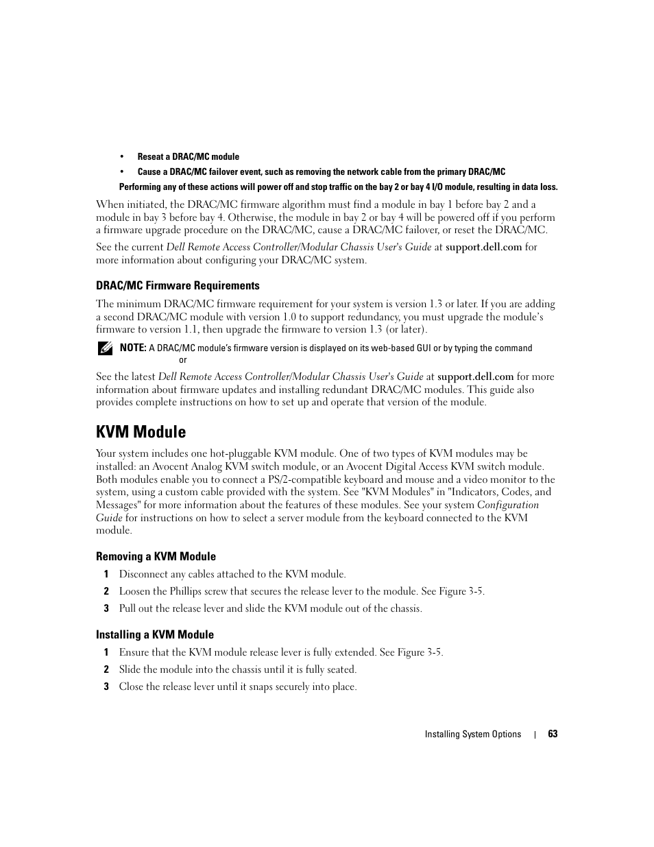 Drac/mc firmware requirements, Kvm module, Removing a kvm module | Installing a kvm module | Dell POWEREDGE 1955 User Manual | Page 63 / 160