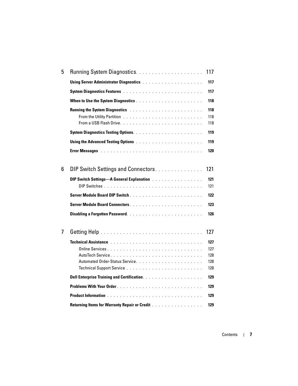 5running system diagnostics, 6dip switch settings and connectors, 7getting help | Dell POWEREDGE 1955 User Manual | Page 7 / 160