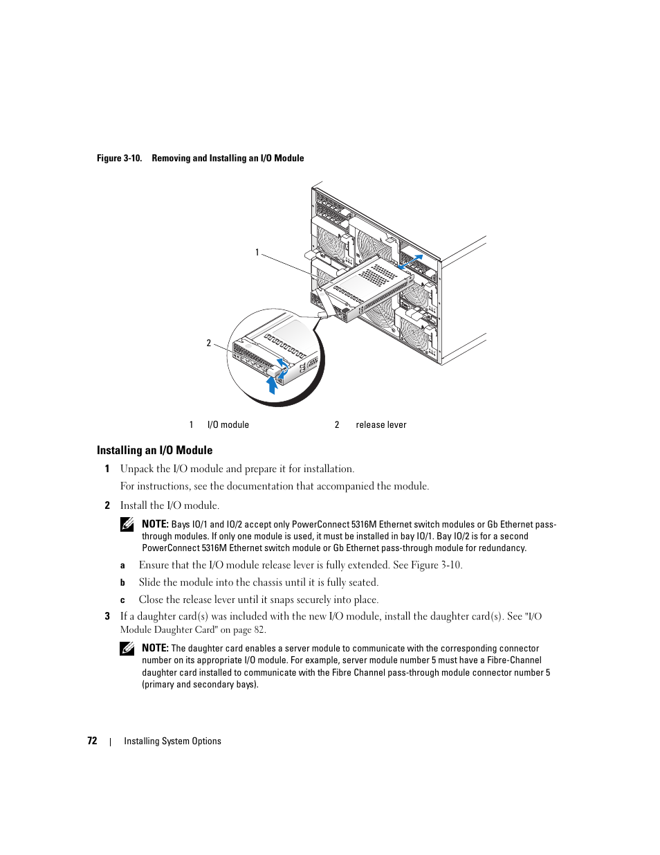 Installing an i/o module, See figure 3-10 | Dell POWEREDGE 1955 User Manual | Page 72 / 160