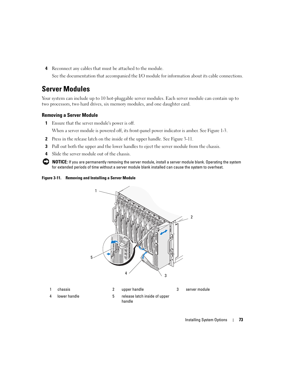 Server modules, Removing a server module | Dell POWEREDGE 1955 User Manual | Page 73 / 160