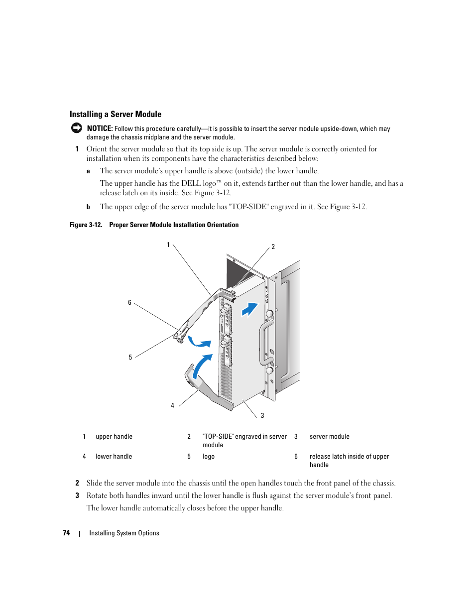 Installing a server module | Dell POWEREDGE 1955 User Manual | Page 74 / 160