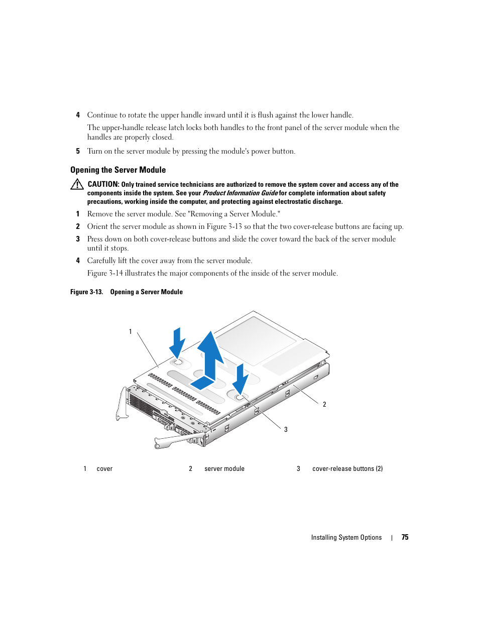 Opening the server module | Dell POWEREDGE 1955 User Manual | Page 75 / 160