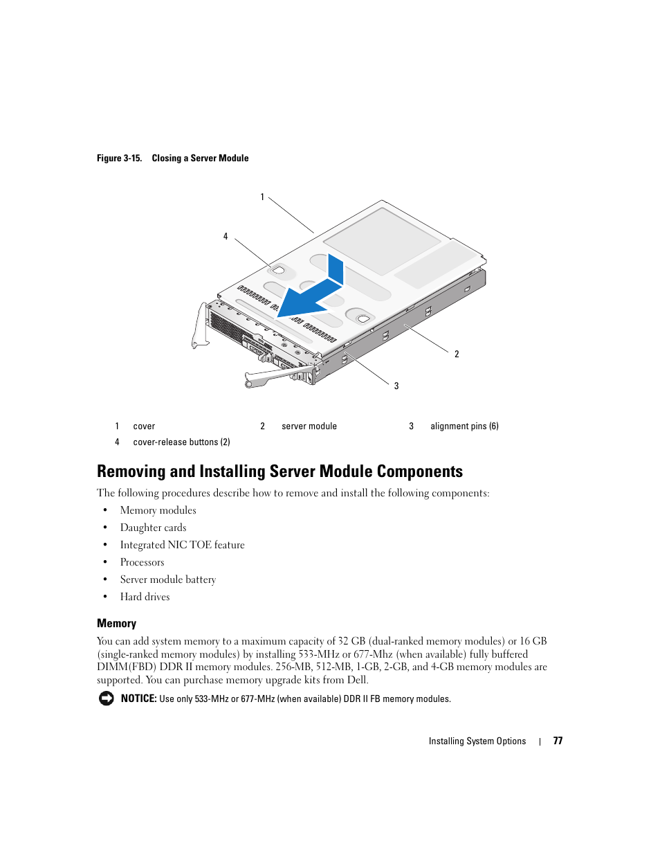 Removing and installing server module components, Memory | Dell POWEREDGE 1955 User Manual | Page 77 / 160