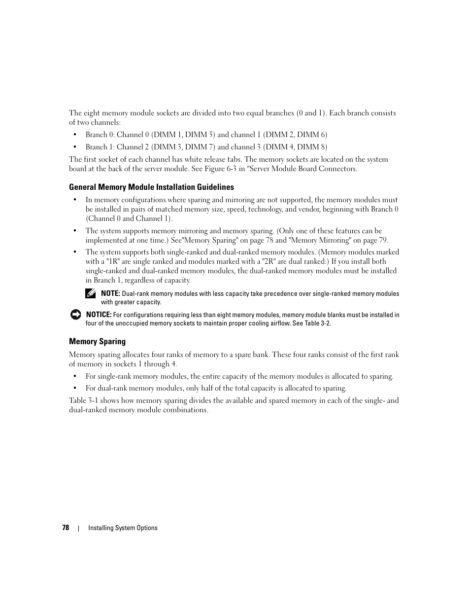 General memory module installation guidelines, Memory sparing | Dell POWEREDGE 1955 User Manual | Page 78 / 160