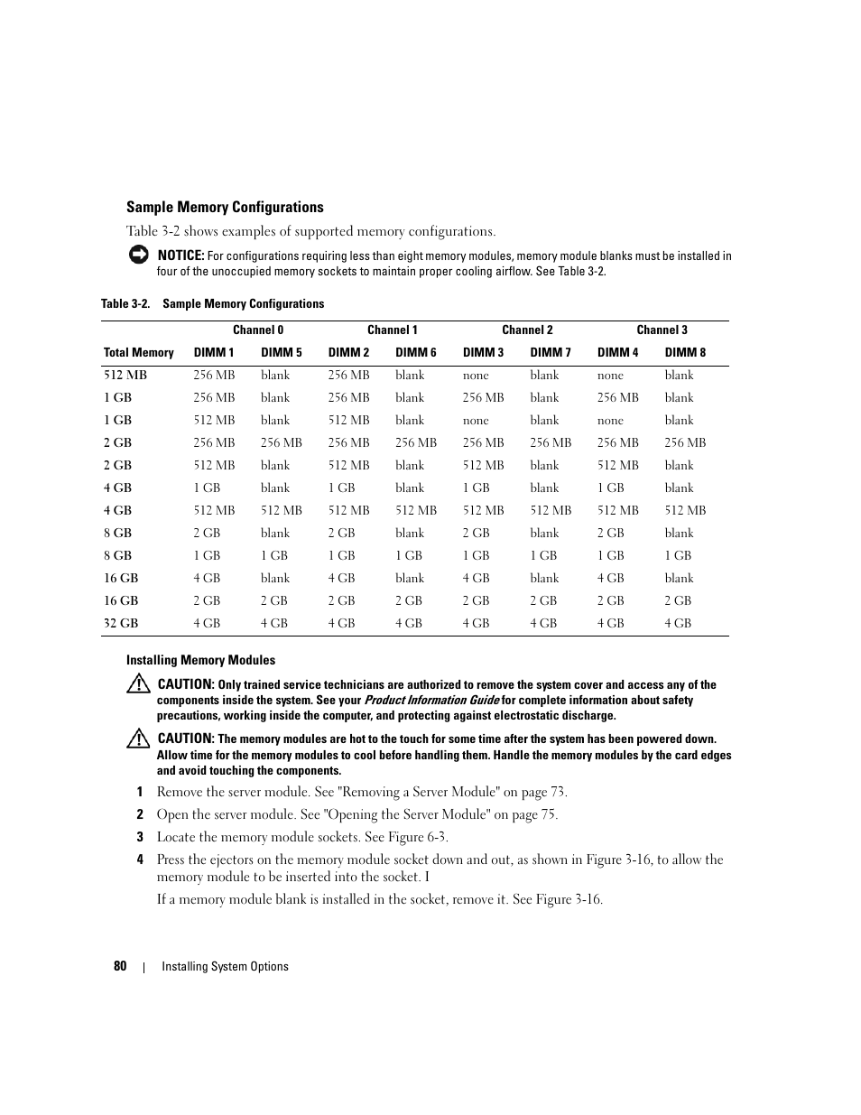 Sample memory configurations, See table 3-2 | Dell POWEREDGE 1955 User Manual | Page 80 / 160