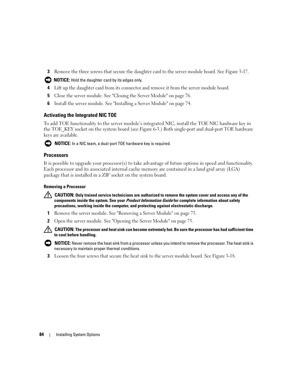 Activating the integrated nic toe, Processors | Dell POWEREDGE 1955 User Manual | Page 84 / 160