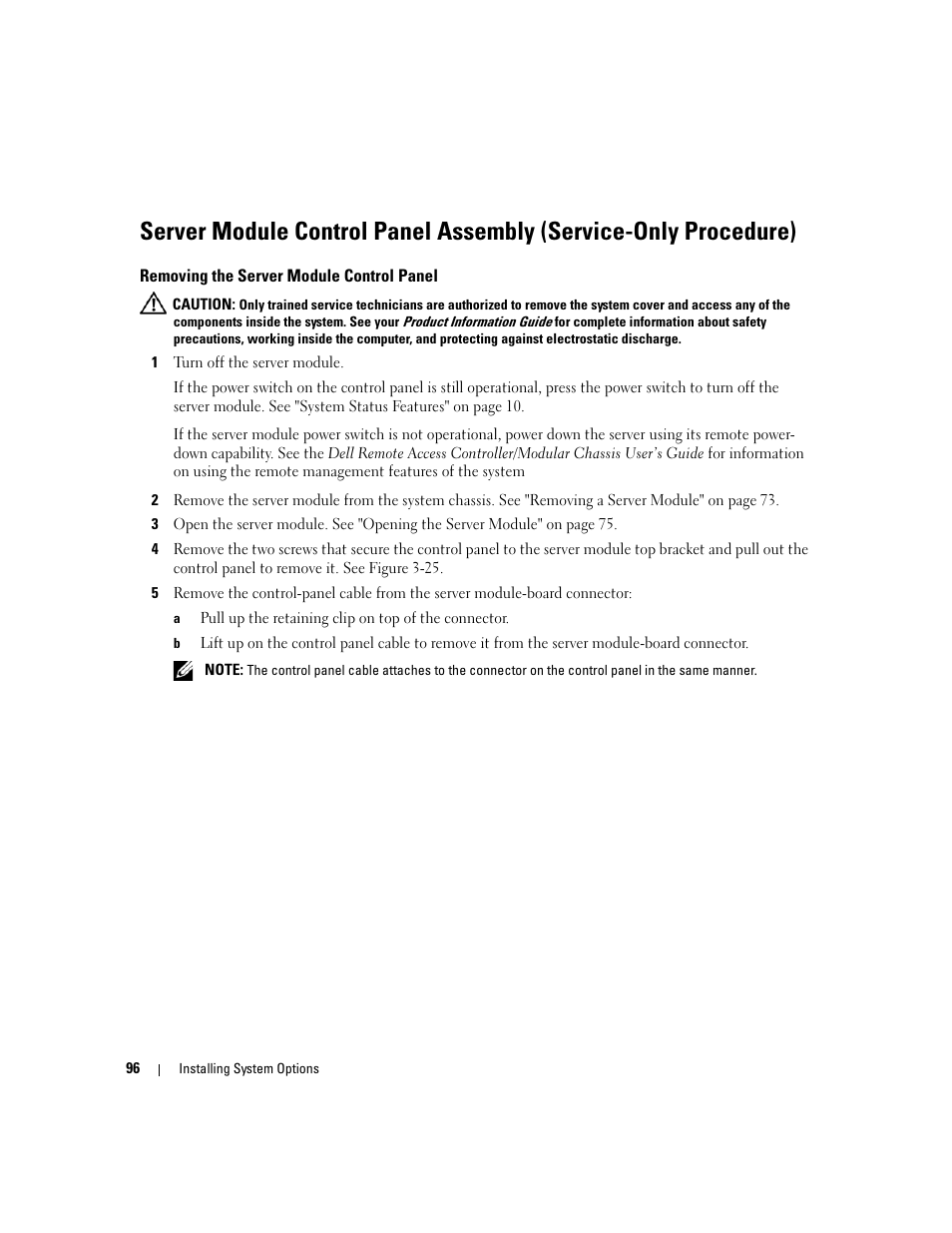 Removing the server module control panel | Dell POWEREDGE 1955 User Manual | Page 96 / 160