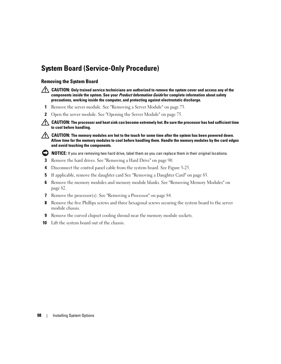 System board (service-only procedure), Removing the system board | Dell POWEREDGE 1955 User Manual | Page 98 / 160