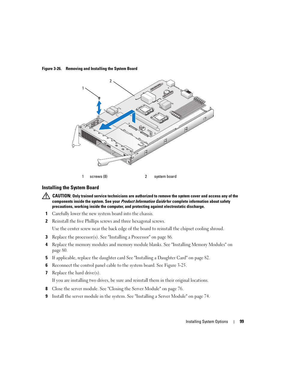 Installing the system board | Dell POWEREDGE 1955 User Manual | Page 99 / 160