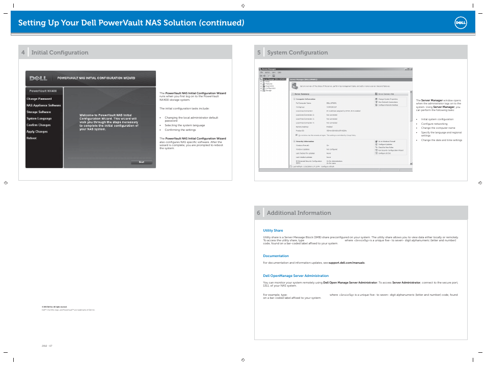 Continued), Setting up your dell powervault nas solution, Initial confi guration | System confi guration, Additional information | Dell Powervault NX400 User Manual | Page 2 / 2