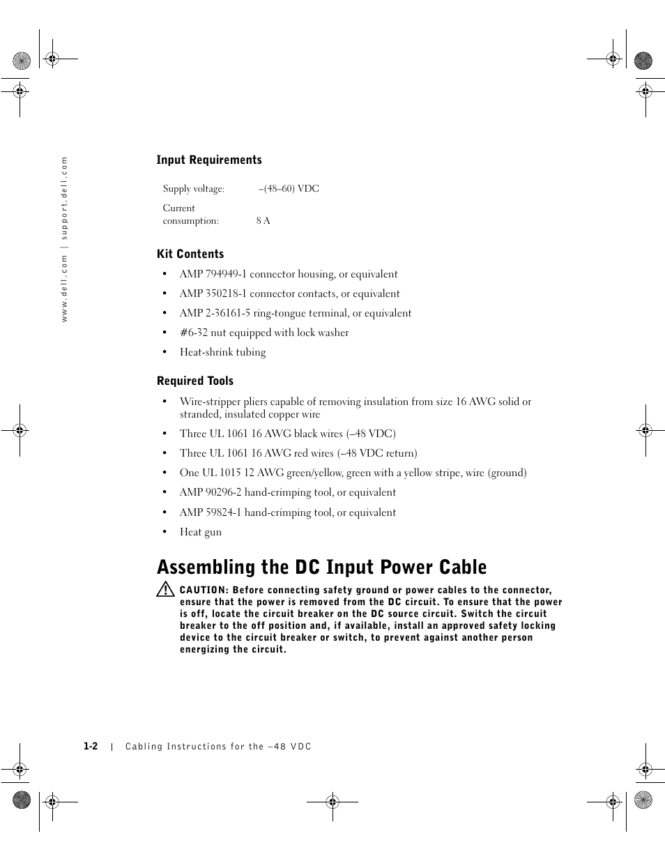 Input requirements, Kit contents, Required tools | Assembling the dc input power cable | Dell PowerEdge 2650 User Manual | Page 4 / 8