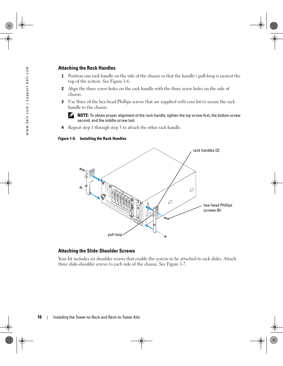 Attaching the rack handles, Attaching the slide-shoulder screws | Dell PowerEdge 1800 User Manual | Page 12 / 20