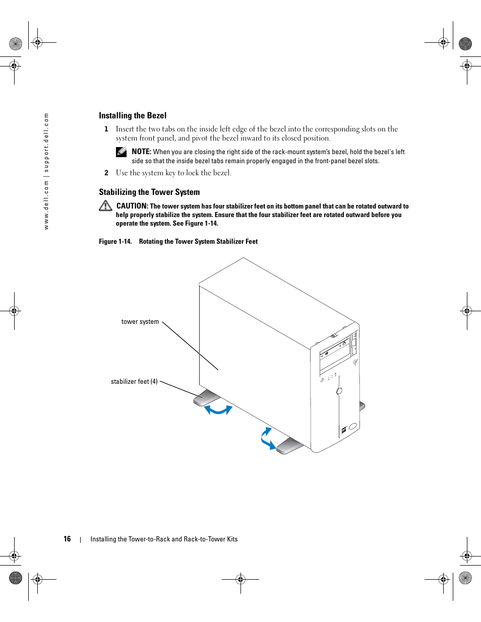 Installing the bezel, Stabilizing the tower system | Dell PowerEdge 1800 User Manual | Page 18 / 20