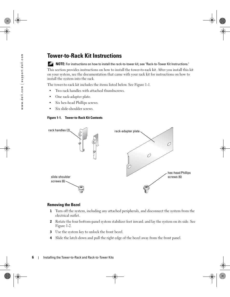 Tower-to-rack kit instructions, Removing the bezel | Dell PowerEdge 1800 User Manual | Page 8 / 20