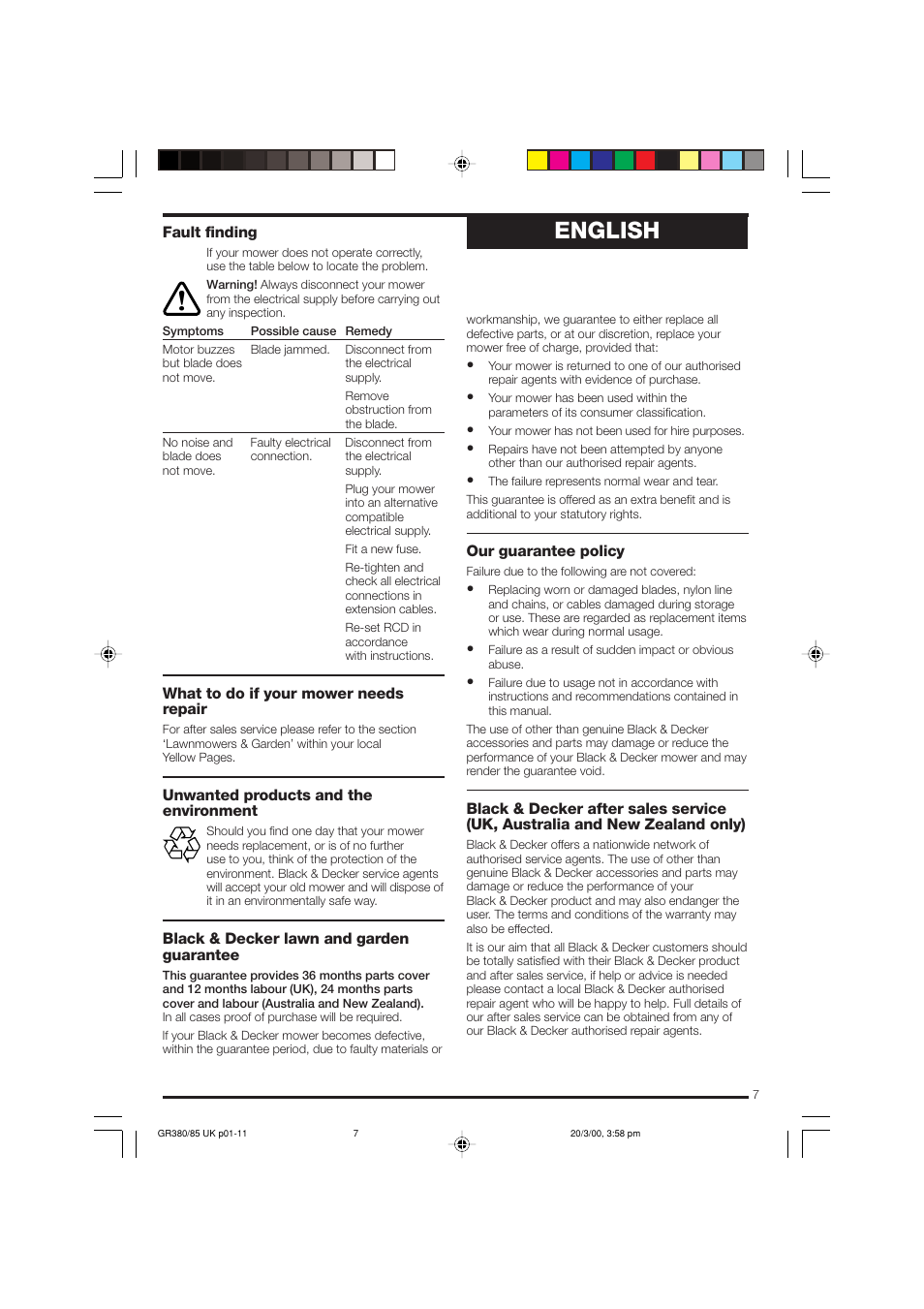 English | Black & Decker GR385 User Manual | Page 7 / 15