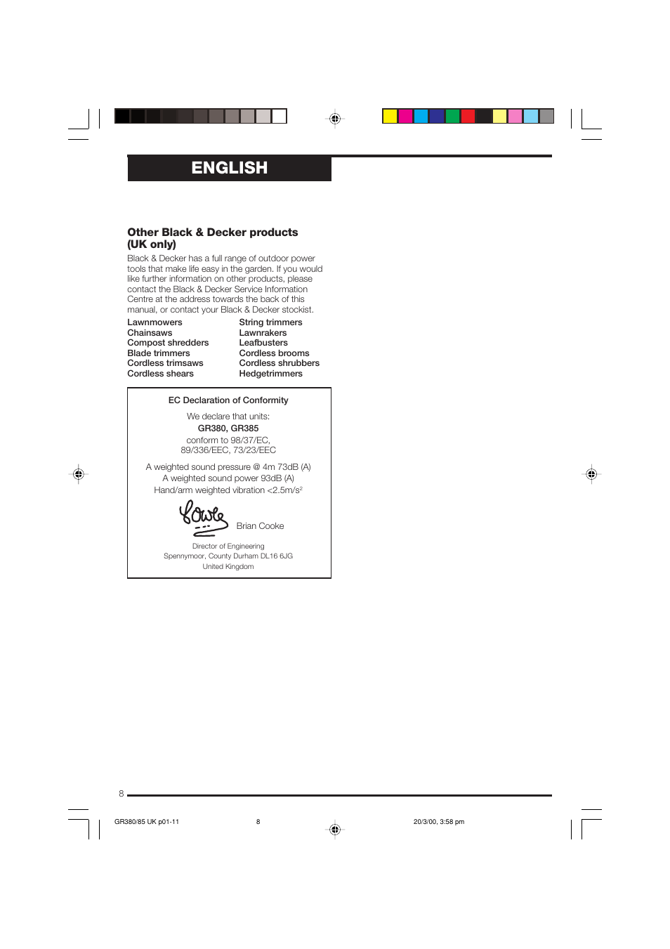 English, Other black & decker products (uk only) | Black & Decker GR385 User Manual | Page 8 / 15