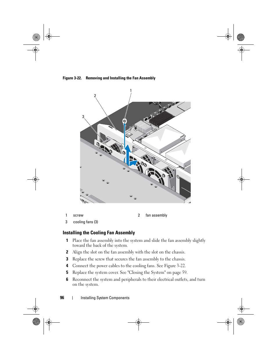 Installing the cooling fan assembly, Figure 3-22, See figure 3-22 | Dell PowerEdge C2100 User Manual | Page 100 / 144