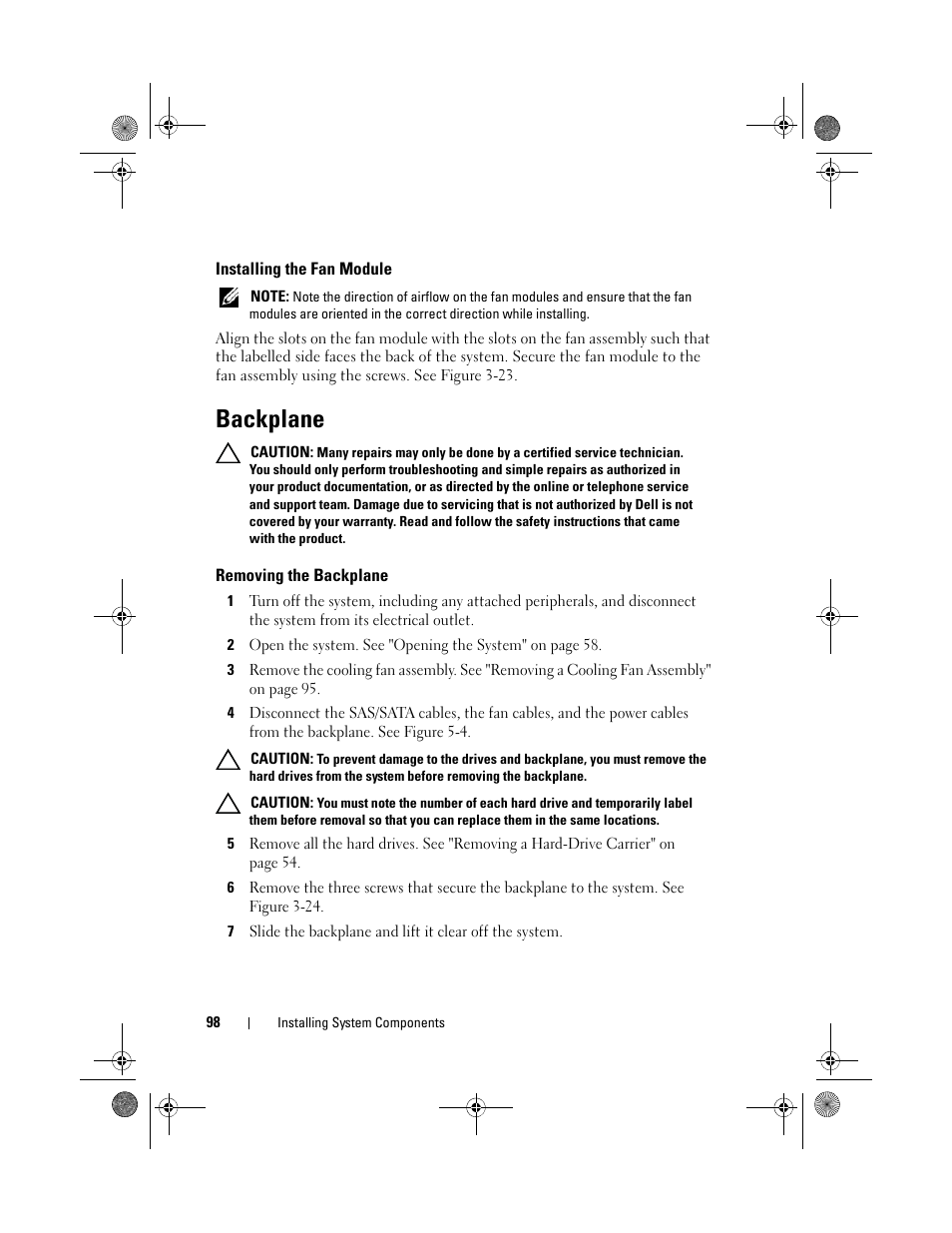 Backplane, Installing the fan module, Removing the backplane | Dell PowerEdge C2100 User Manual | Page 102 / 144